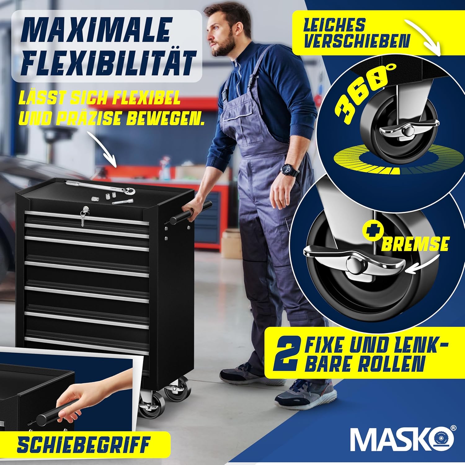 MASKO® Werkstattwagen rollbar 7 Schubladen abschließbar, mobiler Rollwagen zur Werkzeugaufbewahrung mit Schloss & Kugellager-Schubladen, Stabiler Werkstatt Trolley aus massiven Metall, Schwarz — Ansicht 6