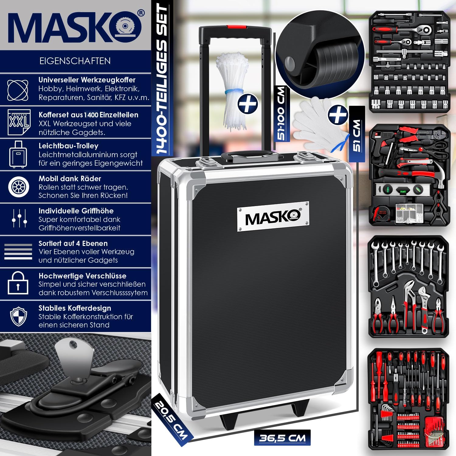 MASKO® Werkzeugkoffer 1400-teilig gefüllt | Werkzeugset im Aluminiumkoffer | Werkzeugkasten mit Rollen | Werkzeugkiste Haushalt, Haus, Hobby, KFZ | Trolley-Funktion | Werkzeugwagen Handwerkzeug — Ansicht 2