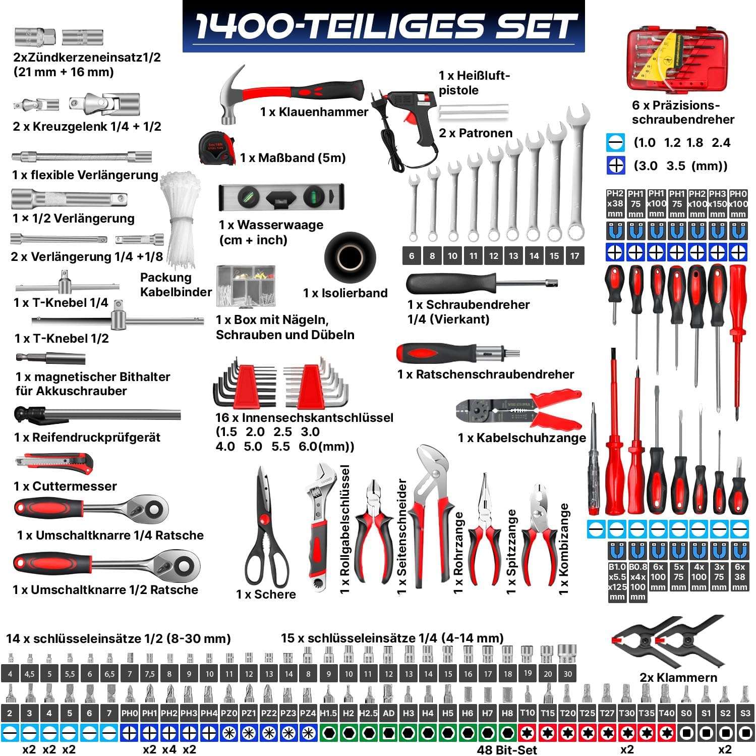 MASKO® Werkzeugkoffer 1400-teilig gefüllt | Werkzeugset im Aluminiumkoffer | Werkzeugkasten mit Rollen | Werkzeugkiste Haushalt, Haus, Hobby, KFZ | Trolley-Funktion | Werkzeugwagen Handwerkzeug — Ansicht 3