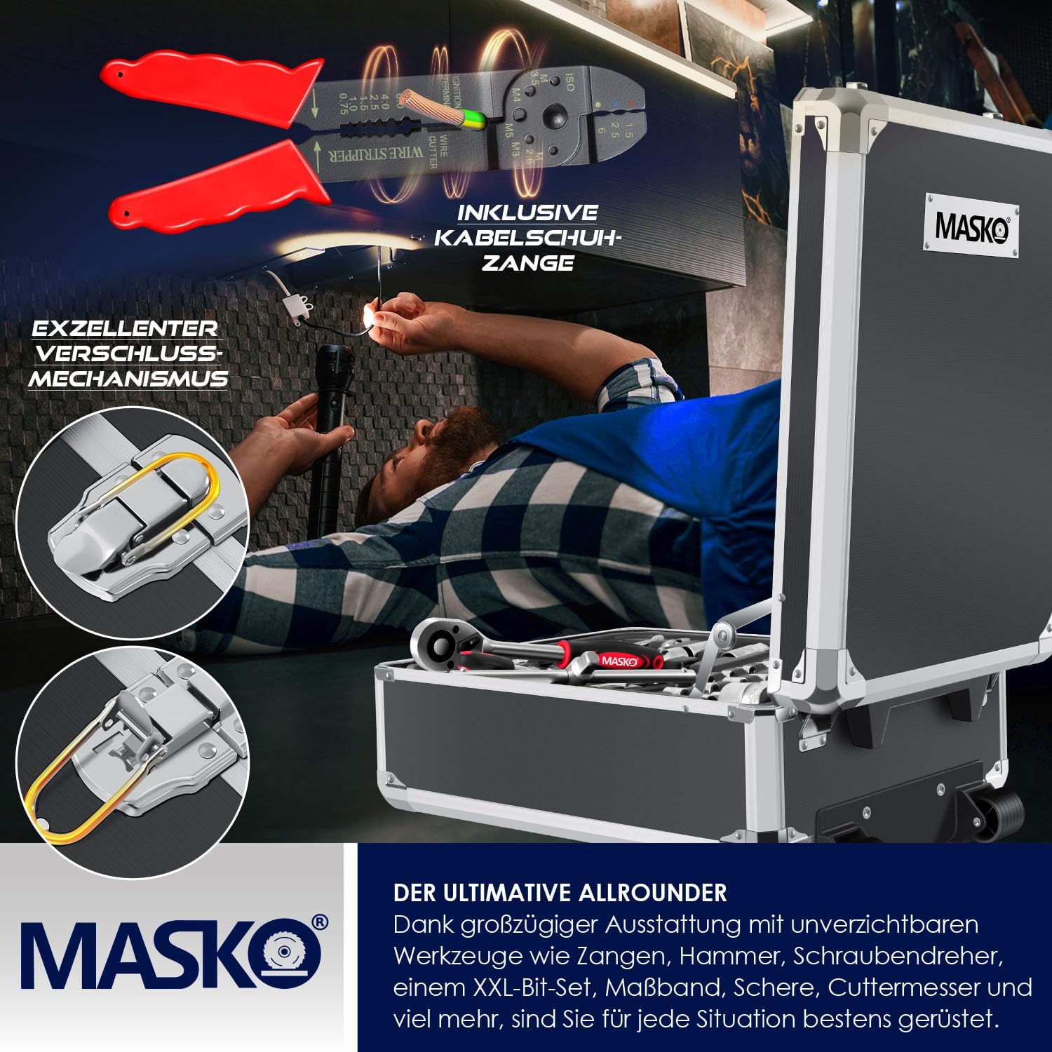 MASKO® Werkzeugkoffer 1400-teilig gefüllt | Werkzeugset im Aluminiumkoffer | Werkzeugkasten mit Rollen | Werkzeugkiste Haushalt, Haus, Hobby, KFZ | Trolley-Funktion | Werkzeugwagen Handwerkzeug — Ansicht 4