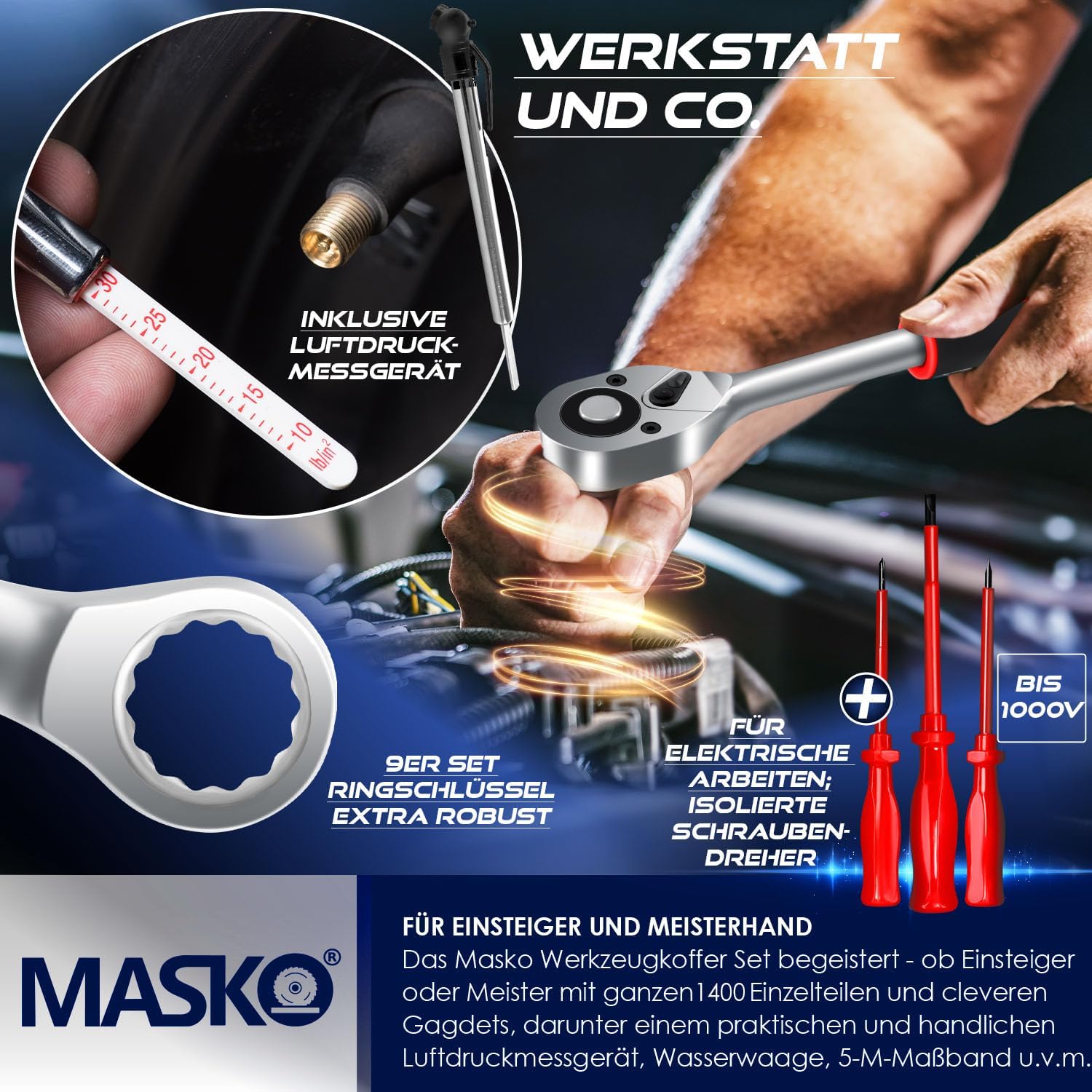 MASKO® Werkzeugkoffer 1400-teilig gefüllt | Werkzeugset im Aluminiumkoffer | Werkzeugkasten mit Rollen | Werkzeugkiste Haushalt, Haus, Hobby, KFZ | Trolley-Funktion | Werkzeugwagen Handwerkzeug — Ansicht 5