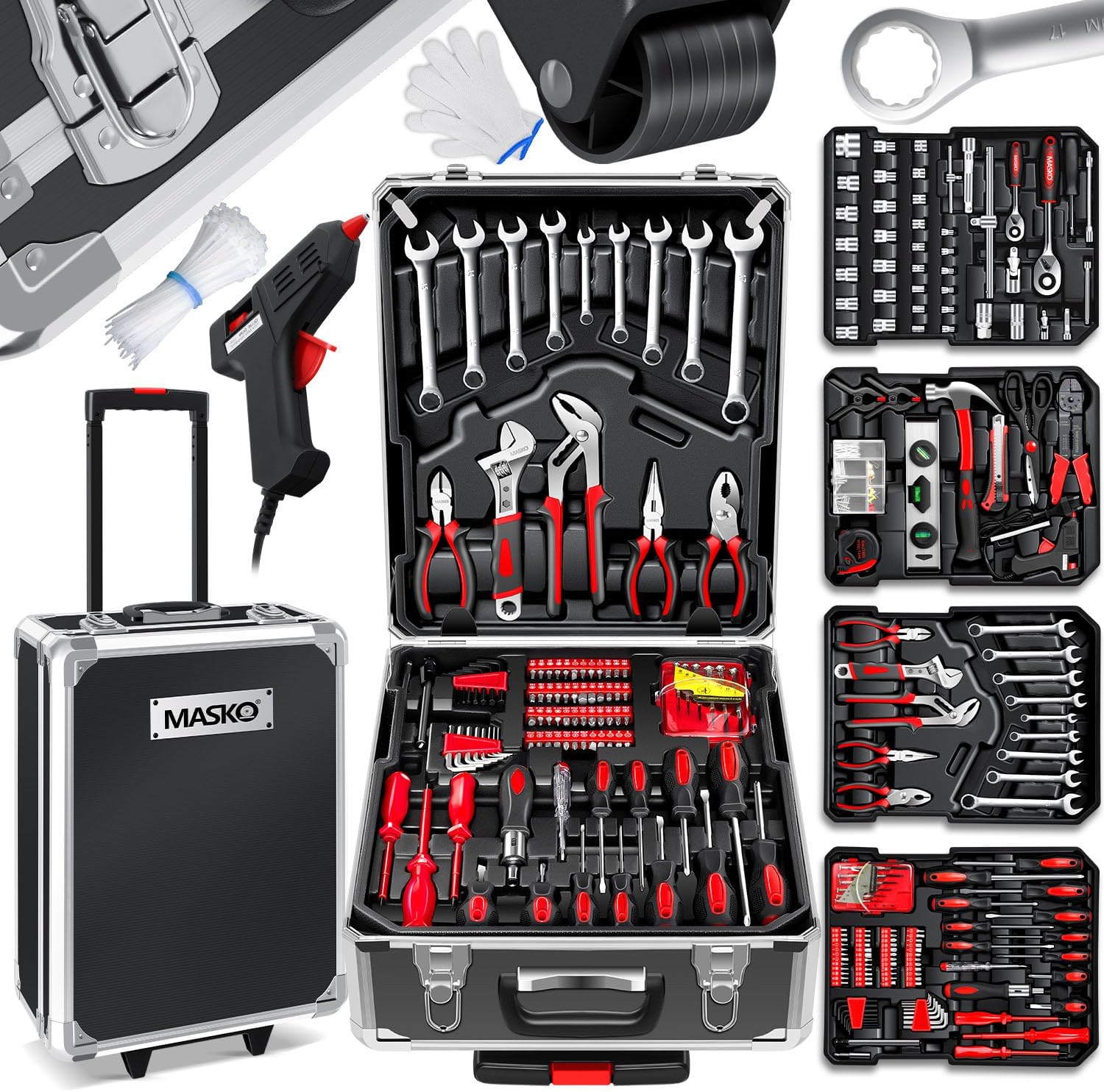 MASKO® Werkzeugkoffer 1400-teilig gefüllt | Werkzeugset im Aluminiumkoffer | Werkzeugkasten mit Rollen | Werkzeugkiste Haushalt, Haus, Hobby, KFZ | Trolley-Funktion | Werkzeugwagen Handwerkzeug